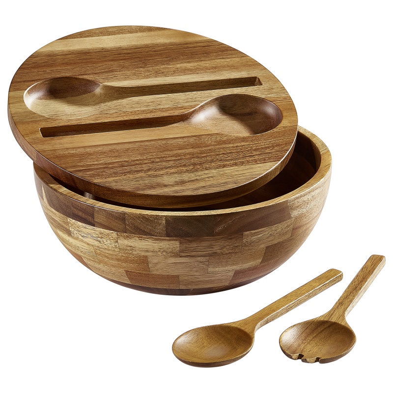 Acacia Wooden Salad Bowl with Lid, Built-in Acacia Wood Utensils, 10.5" Large Wood Serving Bowl